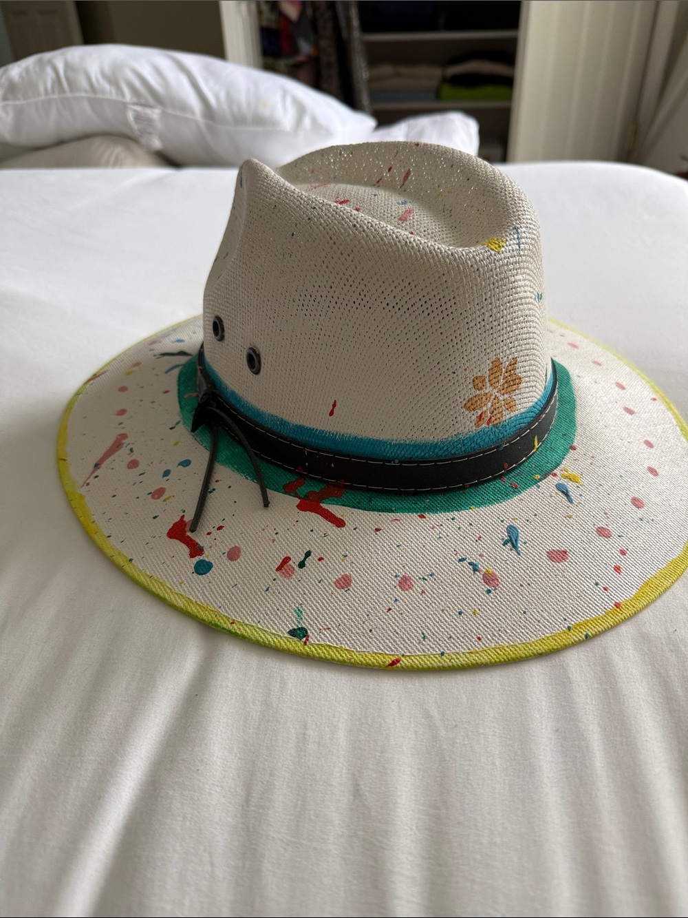 Cream Straw Fedora Hat with Multicolor Paint Splatters and Teal Trim